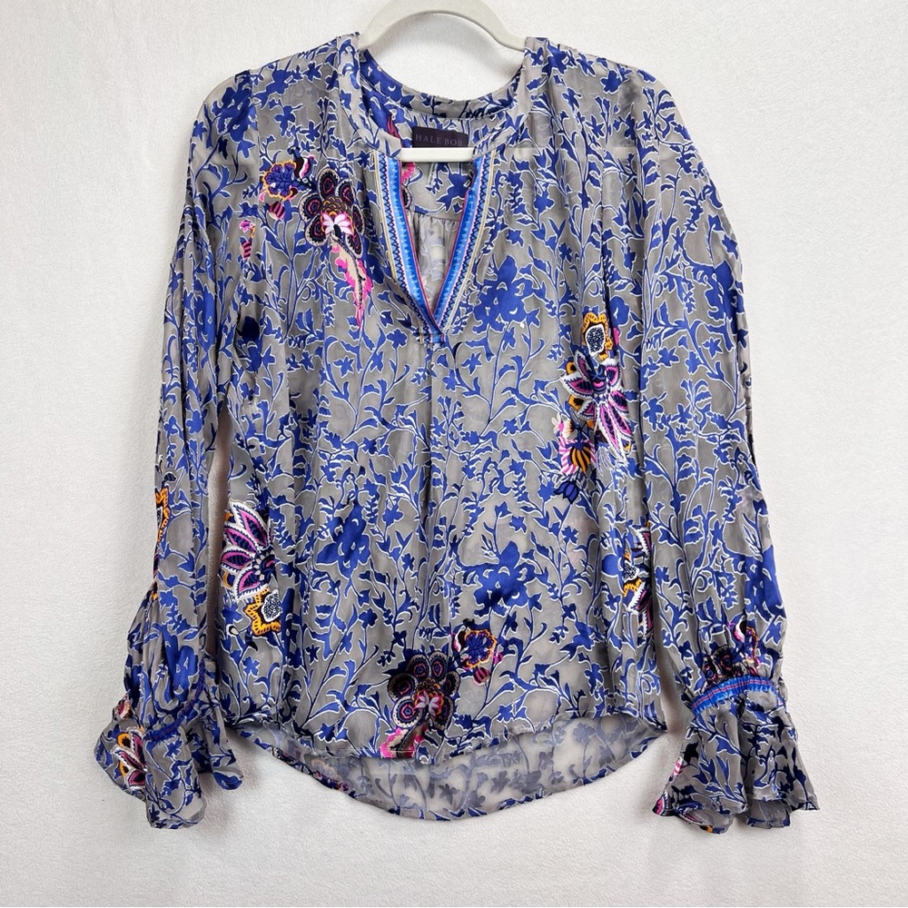 Hale Bob Embellished Silk Blue‎ Gray Floral Burnout Tunic Blouse Small Ruffle